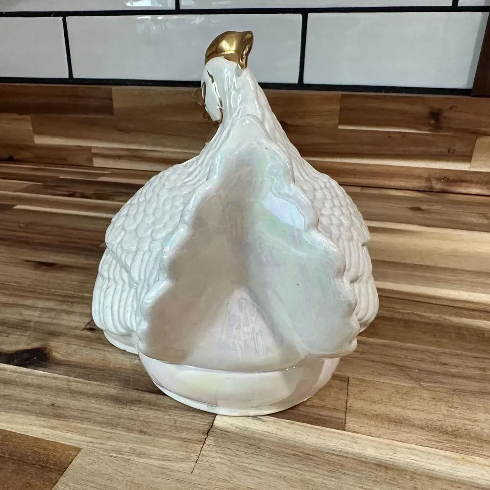 Vintage Iridescent White Hen Chicks 2 Piece Candy/Trinket Dish 6 3/8 x 7 1/4
